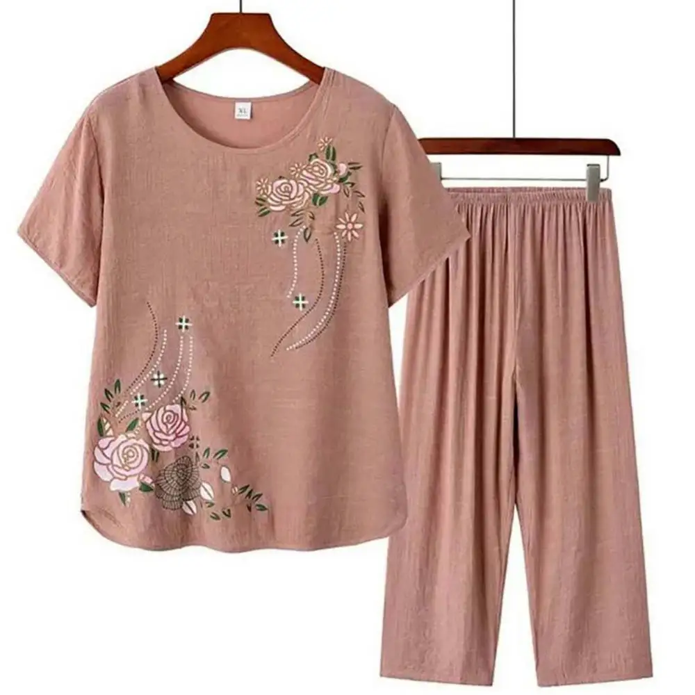 Linen Shirt Breathable - Middle-aged elderly women's short-sleeved t-shirt mother