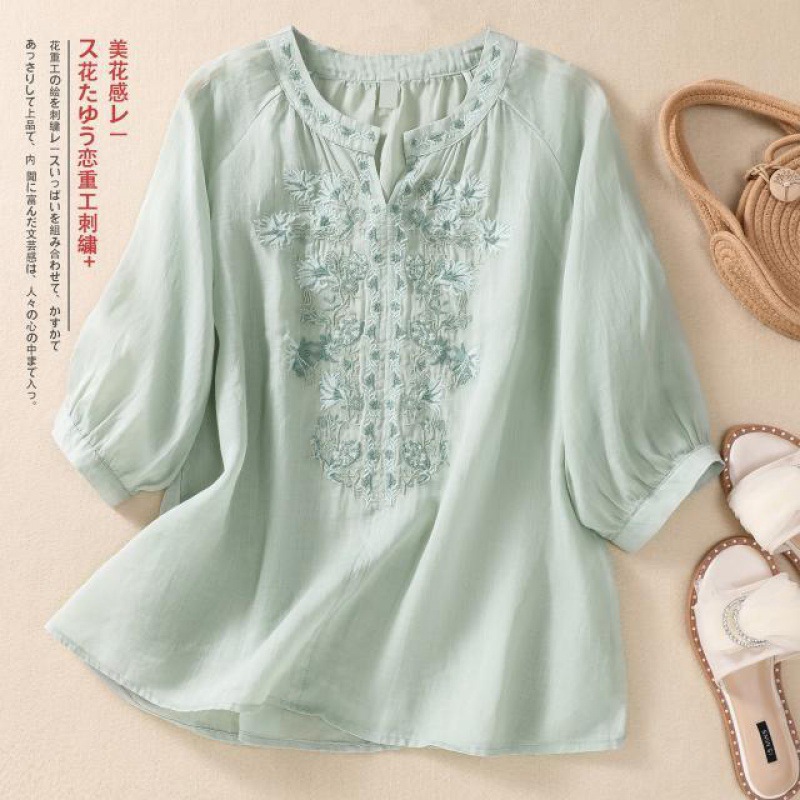 Linen Shirt Breathable - Vintage Linen Embroidered Blouse Women Summer