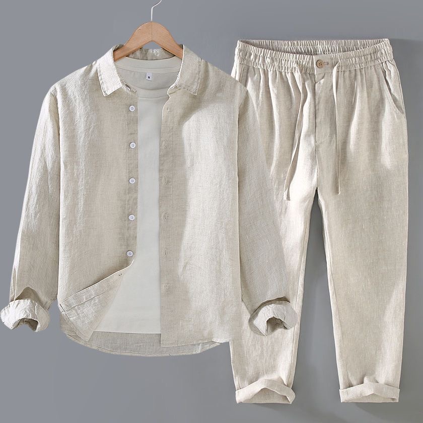 Linen Shirt Breathable - High-End Pure Linen Set Men's Long