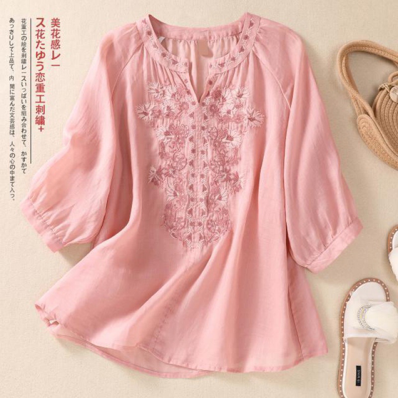 Vintage Linen Embroidered Blou - đánh giá và giá Linen Shirt Breathable