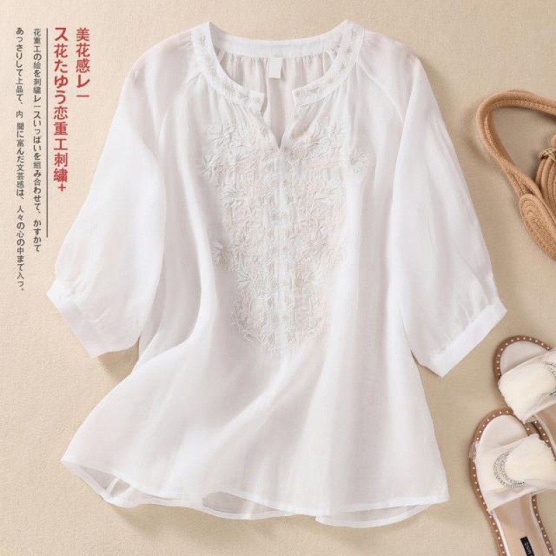 Vintage Linen Embroidered Blou - đánh giá và giá Linen Shirt Breathable